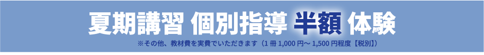 夏期講習　個別指導半額体験　教材費のみ実費でいただきます（1科目1000円～1500円）